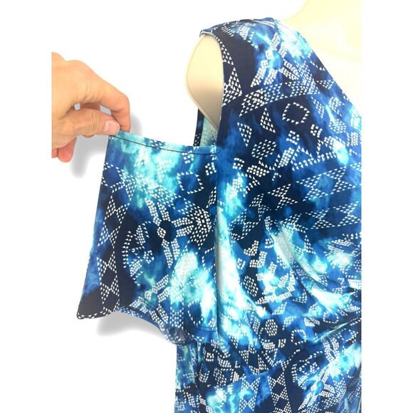 Catherines Blue Print Cold Shoulder Twist Knot Midi Dress Size 5X 34/36W Plus Sz - Picture 3 of 8